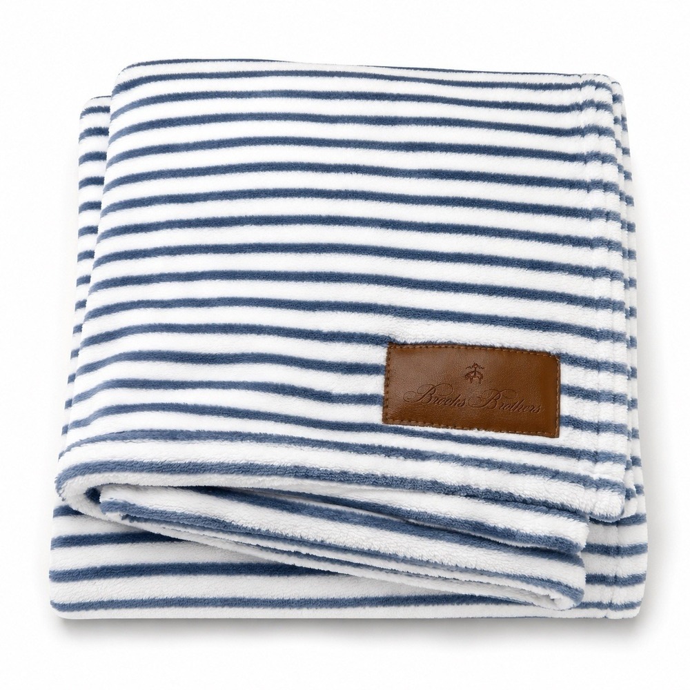 Brooks Brothers Luxe Plush Blanket Blue White Stripe Full Queen 88x98